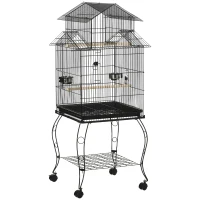 PawHut Gaiola para Pássaros com Rodas Bandeja Amovível Portas Comedouro Poleiro e Prateleira Inferior 50x49x137 cm Preto(m-1)