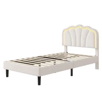Single Upholstered Bed Frame with Adjustable Shell Headboard and RGB LED, Velvet Fabric and Solid Wood Slat, 194L x 94W x 111H cm, White(m-11)