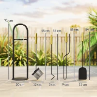 Outsunny Set Utensili per Camino di 5 Pezzi in Metallo con Scopa Paletta Pinze Attizzatoio e Supporto 20x20x71 cm Dorato(m-3)