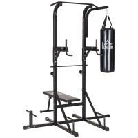 HOMCOM Power Tower con Panca e Sacco da Boxe di 20kg, Stazione Multiuso in Acciaio Nero per Allenamento Total Body(m-11)