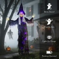 Outsunny 183 cm Life Size Halloween Animated Hanging Witch with Glowing LED Eyes & Body, Spooky Witch Scary Halloween Decorations, Battery Operated, Indoor Party Props(m-7)