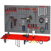 DURHAND Estante de Parede com Sistema de Armazenamento 95,5x23x53,5cm Suporte para Ferramentas com 54 Peças 50 Ganchos para Oficina Garagens Vermelho e Cinza(m-10)