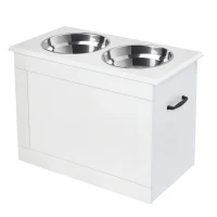 PawHut Raised Dog Bowls, with Storage, Two Stainless Steel Bowls, Elevated Base - White(m-10)