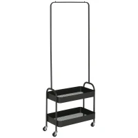 HOMCOM Charriot com Sapateiro Charriot com Rodas Barra de Pendurar e 2 Cestos para Entrada Dormitório Sala de Estar 56,5x31,5x152,5cm Preto(m-10)