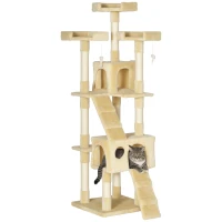 PawHut Albero Tiragraffi per Gatti con 3 Posatoi, 2 Casette e Giochi Appesi, in Legno e Peluche, 49x49x173 cm, Crema(m-1)