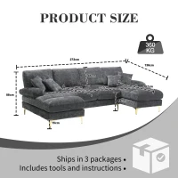 U-Shaped Modular Sofa with Pillows, Double Chaise, Rubber Pads, Chenille Fabric Sectional Couch for Living Room, 272L x 136W x 88H cm, Grey(m-3)