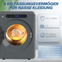 HOMCOM Wäschetrockner, 6 Programme, 40-60℃, 3 kg Kapazität, kompakt, Touch-Bedienung, Grau(m-5)