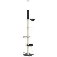 PawHut 240-270cm Floor-To-Ceiling Cat Tree, 5 Tier Cat Climbing Tower, with Bed, Hammock, Platforms, Dark Grey and Cream(m-10)