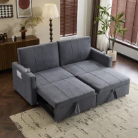 Convertible Fabric Sofa Chair with Cup Holders and Side Pockets, King Size Independent Pull Out Sofa Bed, 207L x 87W x 96H cm, Gray(m-7)