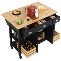 Rolling Kitchen Island Trolley with Adjustable Shelf, Spice Rack and 3 Drawers, Smooth-Rolling Casters for mobility, 120L x 45W x 90H cm, Black(m-11)