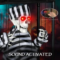 Outsunny Halloween Animated Hinging Skeleton Prisoner in Cage with Glowing LED Eyes, Spooky Skeleton Scary Halloween Decorations, Battery Operated, Indoor Party Props(m-6)
