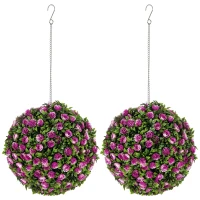 HOMCOM Set of 2 Decorative Artificial Plants, UV-protected Artificial Plant Topiary Rose Balls, Fake Plants for Home Indoor outdoor Decor, 28cm, Purple(m-10)