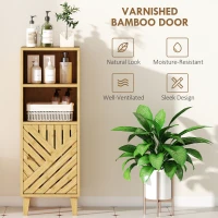 HOMCOM Slim Bathroom Cabinet with Bamboo Door and Legs, Narrow Bathroom Storage Cabinet, Freestanding Storage Cupboard with Open Compartments, 32 x 30 x 90 cm, Natural Wood Finish(m-5)