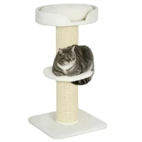 PawHut 2 Tier Sisal Sherpa Cat Tree with Basket Cushion Sisal Post Cream White(m-10)