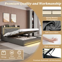 Double Upholstered Bed Frame with Hydraulic Storage, LED Lighting, USB and Type-C Charging Station, 210L x 141W x 110H cm, Grey(m-6)