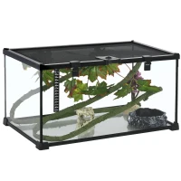 PawHut Glass Reptile Terrarium with Decor Kit, Breeding Tank with Thermometer for Small Animals, 50 x 30 x 25cm, Heated - Black(m-1)