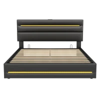 Double Upholstered Bed Frame with Hydraulic Storage, LED Adjustable Headboard with USB Ports, 200L x 145W x 110H cm, Black(m-12)
