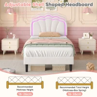 Single Upholstered Bed Frame with Adjustable Shell Headboard and RGB LED, Velvet Fabric and Solid Wood Slat, 194L x 94W x 111H cm, White(m-4)