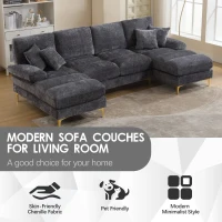 U-Shaped Modular Sofa with Pillows, Double Chaise, Rubber Pads, Chenille Fabric Sectional Couch for Living Room, 272L x 136W x 88H cm, Grey(m-4)