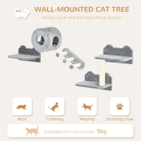 PawHut 4PCs Wall-Mounted Cat Tree, with Steps, Perch, Cat House - Grey(m-4)