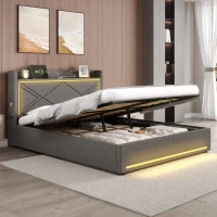 Double Upholstered Bed Frame with Hydraulic Storage, LED Lighting, USB and Type-C Charging Station, 210L x 141W x 110H cm, Grey(m-8)