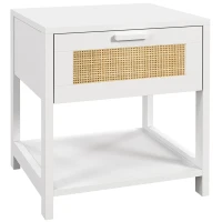 HOMCOM Table de chevet table de nuit avec tiroir et étagère, cannage en rotin, dim. 40L x 40l x 48H cm blanc(m-11)