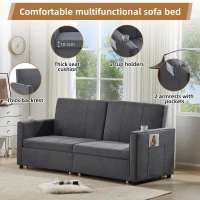 Convertible Fabric Sofa Chair with Cup Holders and Side Pockets, King Size Independent Pull Out Sofa Bed, 207L x 87W x 96H cm, Gray(m-5)