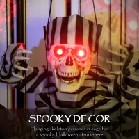 Outsunny Halloween Animated Hinging Skeleton Prisoner in Cage with Glowing LED Eyes, Spooky Skeleton Scary Halloween Decorations, Battery Operated, Indoor Party Props(m-4)