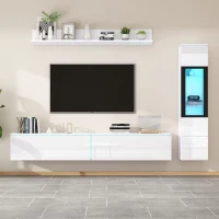 High Gloss TV Wall Unit Set with LED Lighting, Handleless Design, Includes TV Cabinet, Display Cabinet, Hanging Shelf, 457L x 84W x 76H cm, White(m-1)