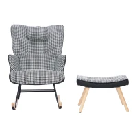 Fabric Rocking Chair with Solid Wood Legs, High Back Recliner with Footstool and Neck Pillow, 85L x 65W x 96H cm, White+Black(m-2)