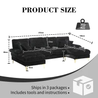 U-Shaped Modular Sofa with Pillows, Double Chaise, Rubber Pads, Chenille Fabric Sectional Couch for Living Room, 272L x 136W x 88H cm, Black(m-3)
