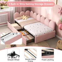 Single Velvet Daybed with Two Storage Drawers, Modern Youth Bed Frame with Wooden Slats, Easy Assembly, 202L x 97W x 73H cm, Pink(m-5)