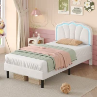 Single Upholstered Bed Frame with Adjustable Shell Headboard and RGB LED, Velvet Fabric and Solid Wood Slat, 194L x 94W x 111H cm, White(m-1)