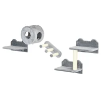 PawHut 4PCs Wall-Mounted Cat Tree, with Steps, Perch, Cat House - Grey(m-1)