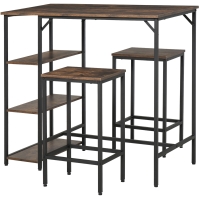 HOMCOM 3 Piece Industrial Bar Table Set, Bar Table with 2 Stools and Side Shelf, Kitchen Table and Chairs for Dining Room, Dinette