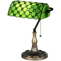 HOMCOM Stained Glass Table Lamp, Vintage Lamp with Green Handmade Shade, Metal Base, Antique Bedside Lamp for Bedroom Living Room Home Decoration(m-10)