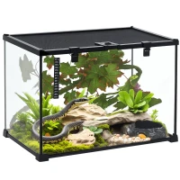 PawHut Glass Reptile Terrarium with Decor Kit, Breeding Tank with Thermometer for Small Animals, 50 x 30 x 35cm, Heated - Black(m-10)