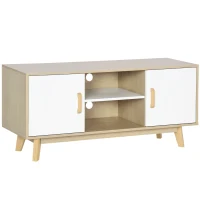 HOMCOM Meuble TV Banc TV scandinave 2 niches et 2 rangements avec Portes - dim. 120I x 40P x 55H cm - Bois Blanc Chêne(m-1)
