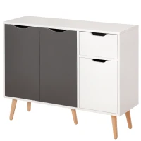 HOMCOM Aparador Móvel Auxiliar de Armazenamento com 2 Armários de Porta Gaveta Pés de Madeira 90x30x72 cm Cinza e Branco(m-10)