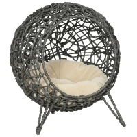 PawHut Rattan Elevated Cat Bed House Kitten Basket Ball Shaped Pet Furniture w/ Removable Cushion - Silver-Tone and Grey(m-10)