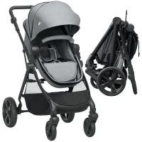 HOMCOM Foldable Baby Stoller, with Reclining Backrest, Adjustable Canopy, for Ages 0-36 Months - Grey(m-10)