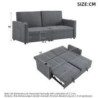 Convertible Fabric Sofa Chair with Cup Holders and Side Pockets, King Size Independent Pull Out Sofa Bed, 207L x 87W x 96H cm, Gray(m-3)