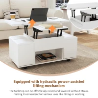 Lift-Up Coffee Table with Hydraulic Mechanism, Hidden Storage and Adjustable Height, 100L x 50W x 48H cm, White(m-4)
