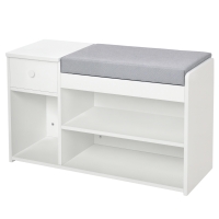 HOMCOM Panca Scarpiera con Cuscino, Cassetto e 3 Vani Aperti in Legno, 81x31.5x49cm, Bianco
