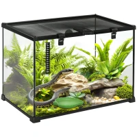 PawHut Terrario per Rettili Rialzato con Serratura e Termometro, in Vetro e Rete Metallica, 50x30x35 cm, Nero(m-1)
