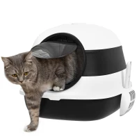 PawHut Foldable Cat Litter Tray with Lid, Deodorant, Scoop, Black(m-10)
