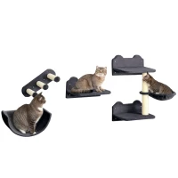 PawHut Prateleiras de Parede para Gatos 4 Peças com Rede Plataforma Semicircular Plataformas de Salto e Poste de Sisal Cinza(m-10)