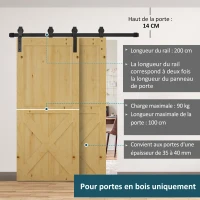 HOMCOM 2M Kit porte coulissante de grange, rail porte coulissante double de 100 cm de large, épaisseur 35-40 mm, charge 90 kg(m-4)