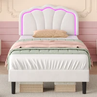 Single Upholstered Bed Frame with Adjustable Shell Headboard and RGB LED, Velvet Fabric and Solid Wood Slat, 194L x 94W x 111H cm, White(m-8)