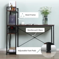 HOMCOM Computer Desk with Storage Shelves, Industrial Writing Table, Study Workstation for Home Office with Metal Frame, Walnut and Black(m-6)